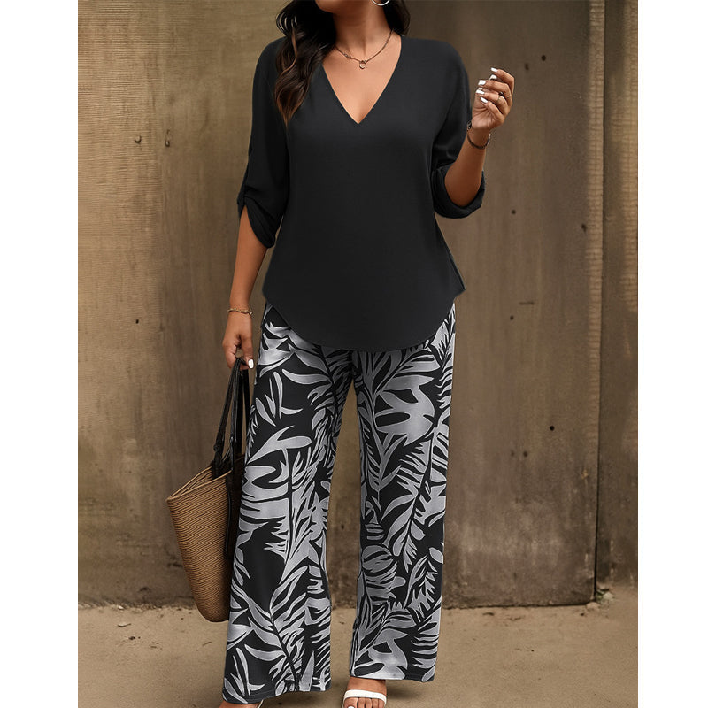 🔥LAST DAY 49% OFF ☀️🛍️Women's V-Neck Blouse & Printed Wide-Leg Pants Set