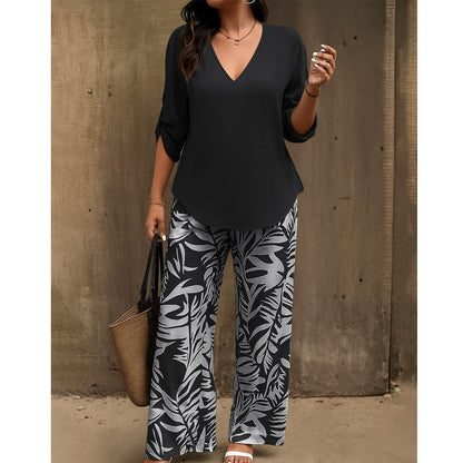 🔥LAST DAY 49% OFF ☀️🛍️Women's V-Neck Blouse & Printed Wide-Leg Pants Set