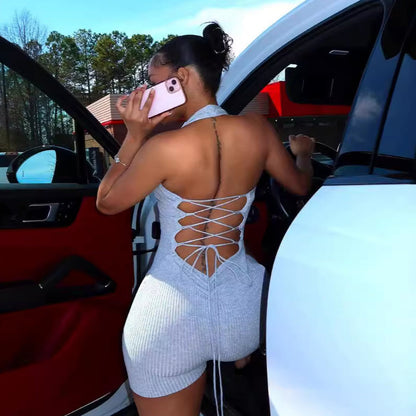 Halter Neck Lace-Up Backless Romper
