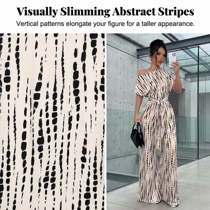 💃 50% OFF NOW!✨ One-Shoulder Wide-Leg Jumpsuit – Abstract Stripe & Tie-Waist – Chic Elegant Evening Romper 🥂