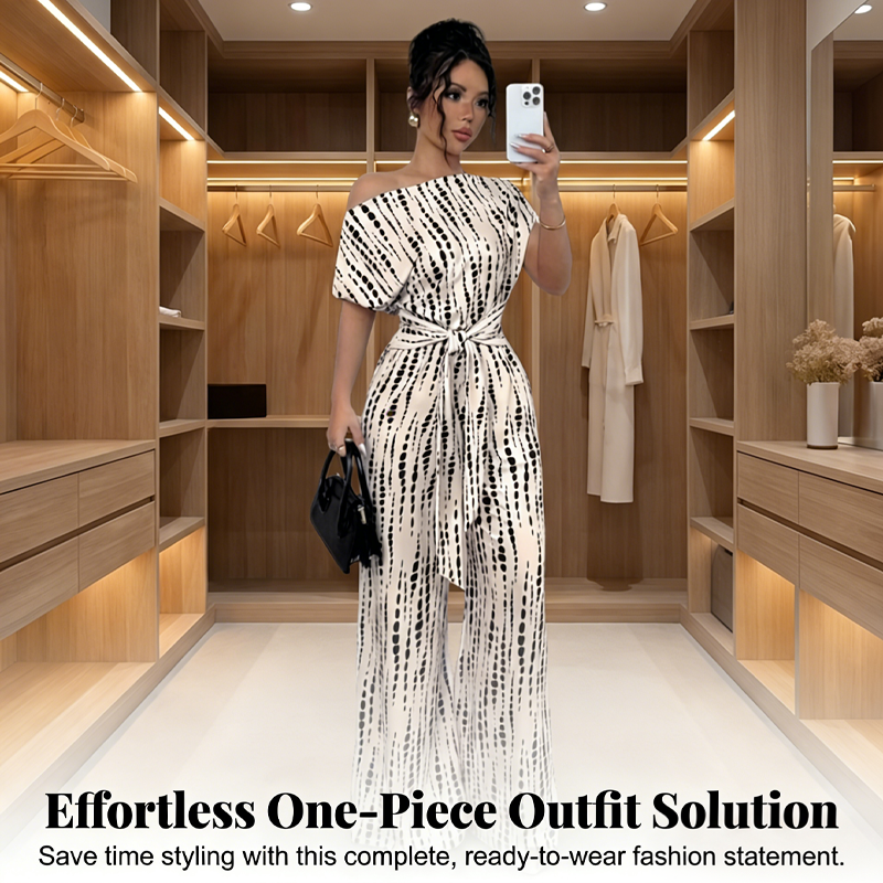 💃 50% OFF NOW!✨ One-Shoulder Wide-Leg Jumpsuit – Abstract Stripe & Tie-Waist – Chic Elegant Evening Romper 🥂