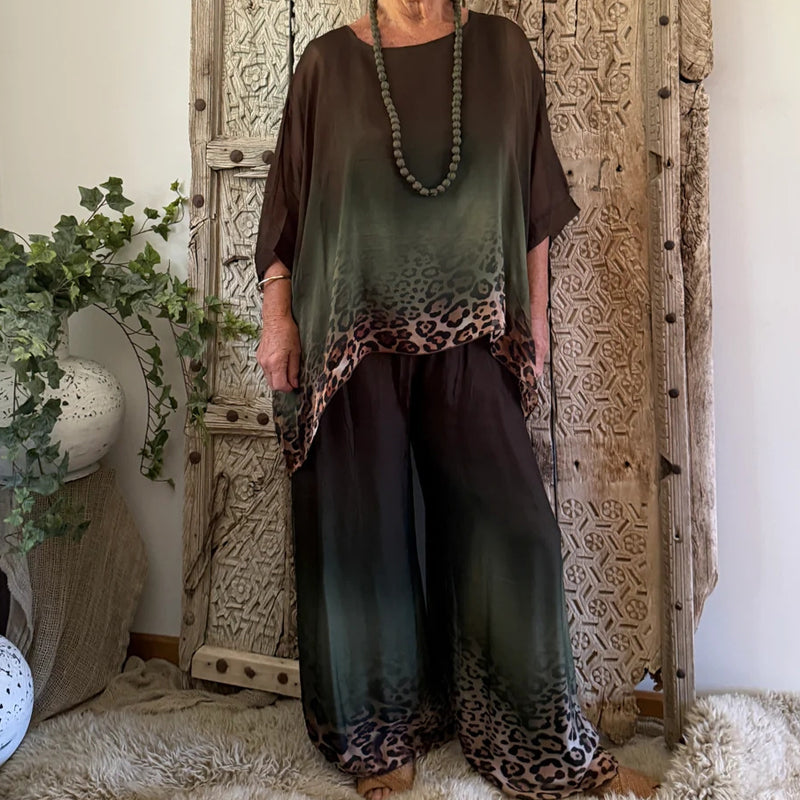 Women's Casual Leopard Trim Tunic Set