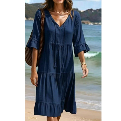 Women's V-Neck Tassel Tie Tiered Midi Dress