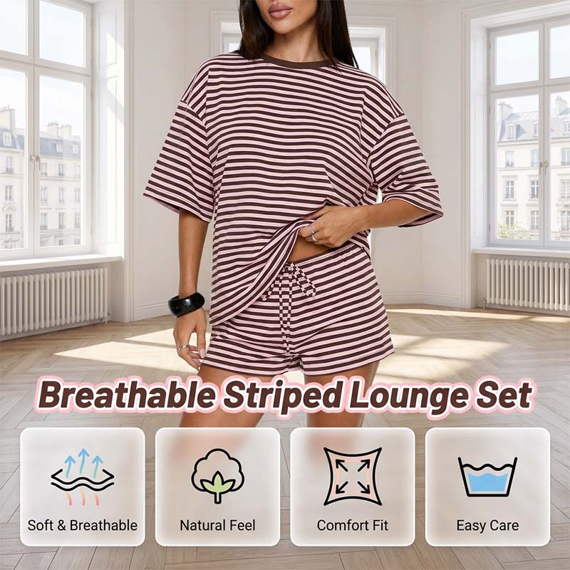 🏝️ LIMITED-TIME 50% OFF! ✨ Women's Oversized Striped T-Shirt & Shorts Set – Lounge, Casual, Cool 😎