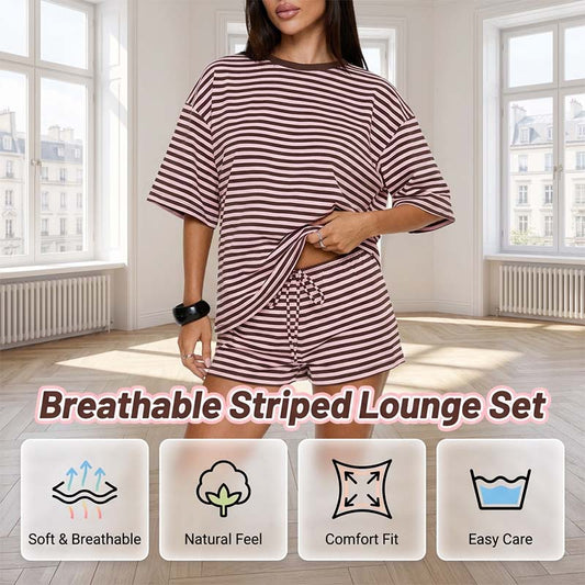 🏝️ LIMITED-TIME 50% OFF! ✨ Women's Oversized Striped T-Shirt & Shorts Set – Lounge, Casual, Cool 😎