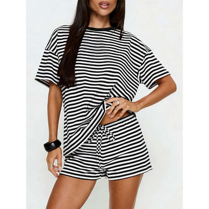 🏝️ LIMITED-TIME 50% OFF! ✨ Women's Oversized Striped T-Shirt & Shorts Set – Lounge, Casual, Cool 😎