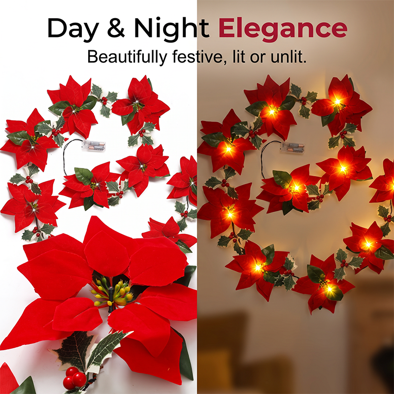 ❄️Summerfresh 50% OFF!🎄Light-Up Poinsettia Christmas Garland – Warm Festive Glow Without a Wall Socket