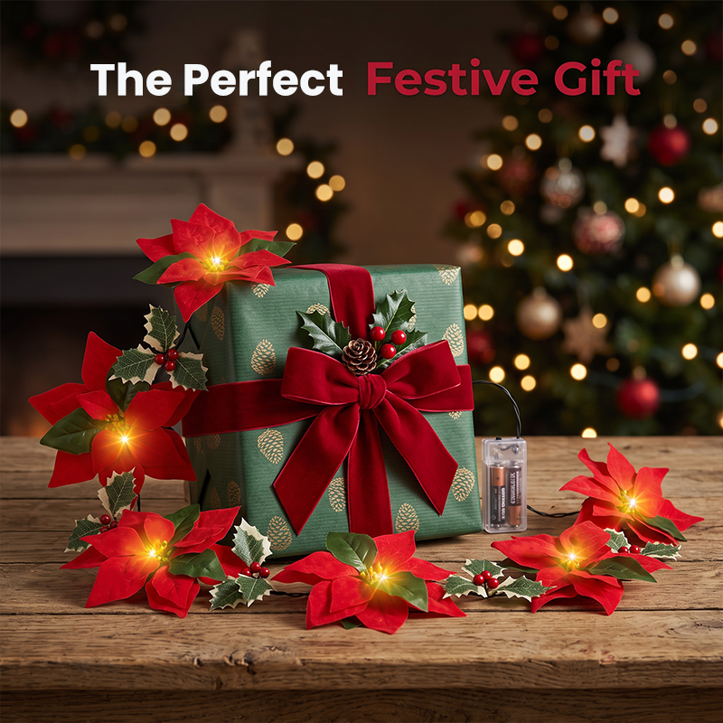 ❄️Summerfresh 50% OFF!🎄Light-Up Poinsettia Christmas Garland – Warm Festive Glow Without a Wall Socket