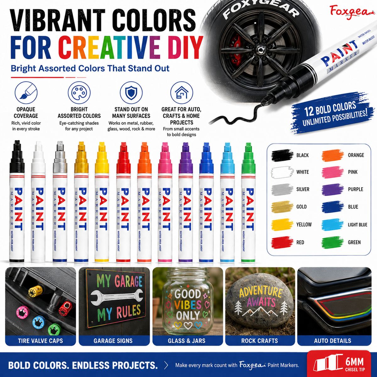 🛞 Waterproof Paint Marker Set – 12 Colors for Tire Lettering & DIY