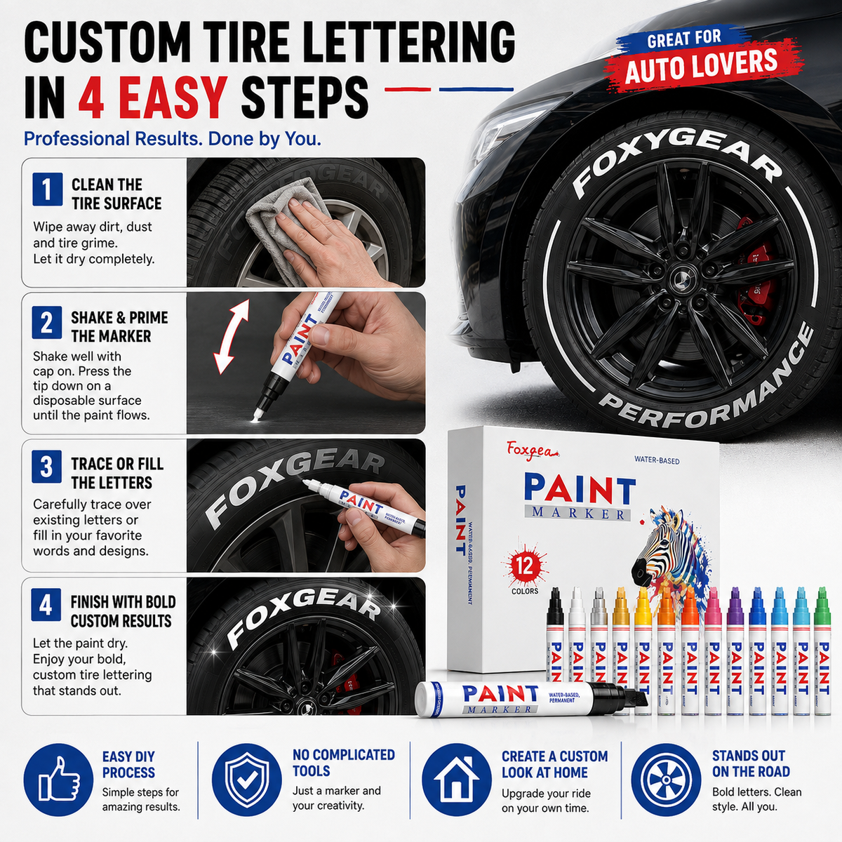 🛞 Waterproof Paint Marker Set – 12 Colors for Tire Lettering & DIY