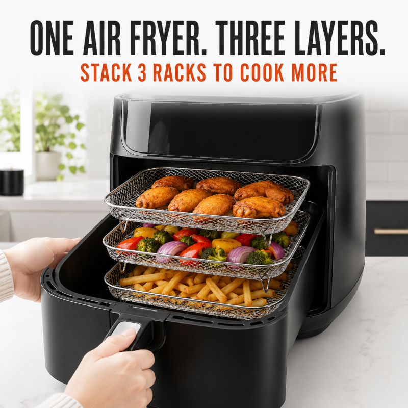 3-Layer 304 Stainless Steel Air Fryer Rack, Stackable Grill Basket and Toast Rack for Chicken Wings and Toast, Cooking Rack for Indoor Kitchen Grill Accessories, Grilling Accessories