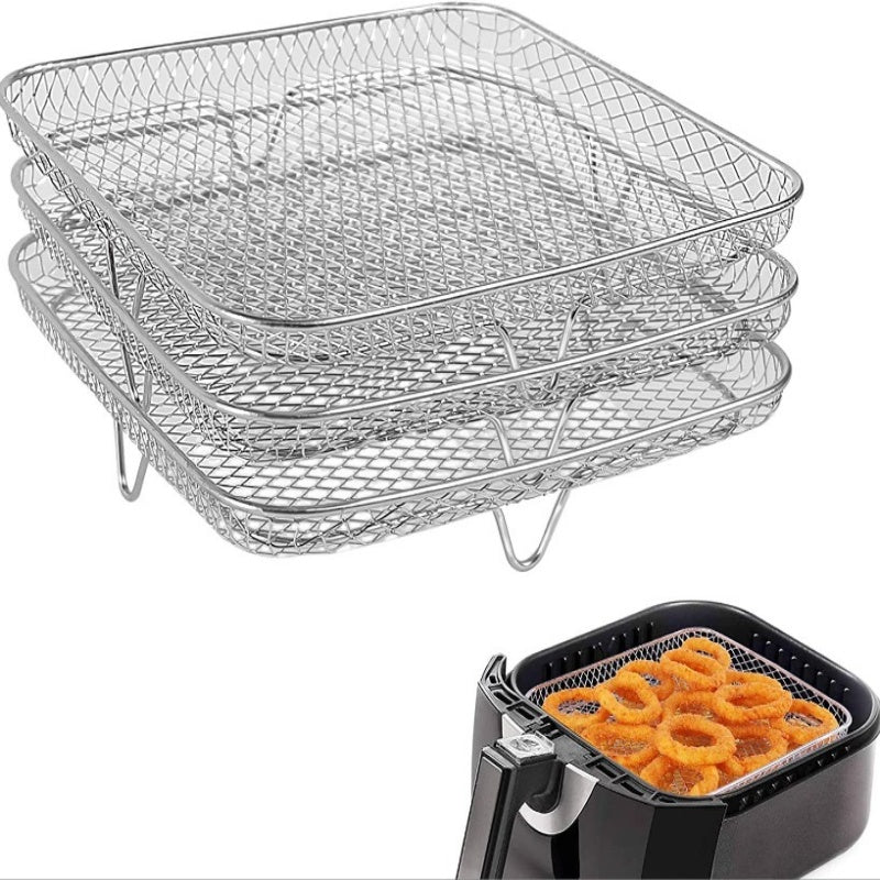 3-Layer 304 Stainless Steel Air Fryer Rack, Stackable Grill Basket and Toast Rack for Chicken Wings and Toast, Cooking Rack for Indoor Kitchen Grill Accessories, Grilling Accessories