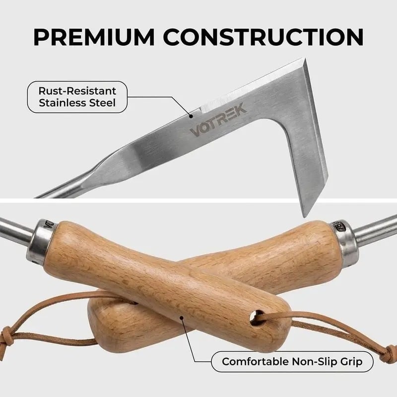 Crack Weeder Tool – scharfe Hakenspitze, Edelstahl und komfortabler Griff aus Buchenholz – ideal zum Entfernen von Unkraut aus Gehwegen, Holzterrassen und Ritzen