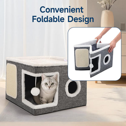 🎃Halloween Deal 50% OFF!🐱 2-in-1 Foldable Cat Cube House – Indoor Cat Cave & Ottoman Stool