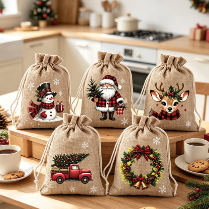 🎄50% OFF NOW! Christmas Drawstring Gift Bags – Rustic Burlap X‑mas Sack Pouches, Santa Snowman Reindeer Print, Reusable Holiday Candy Treat Bags for Gift Wrapping & Party Favors