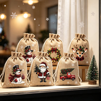 🎄50% OFF NOW! Christmas Drawstring Gift Bags – Rustic Burlap X‑mas Sack Pouches, Santa Snowman Reindeer Print, Reusable Holiday Candy Treat Bags for Gift Wrapping & Party Favors