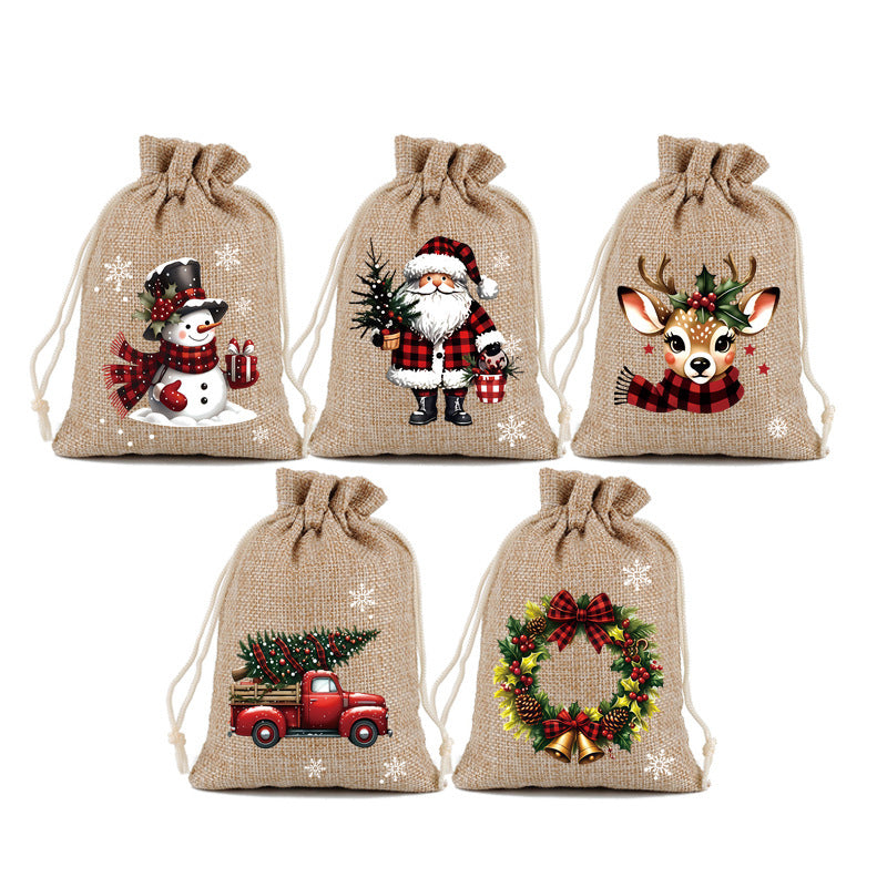 🎄50% OFF NOW! Christmas Drawstring Gift Bags – Rustic Burlap X‑mas Sack Pouches, Santa Snowman Reindeer Print, Reusable Holiday Candy Treat Bags for Gift Wrapping & Party Favors
