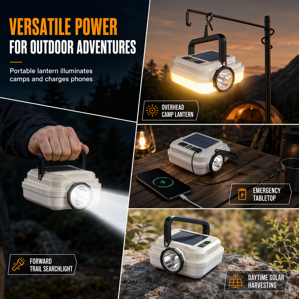 🔋Dual‑Light Solar Camping Lantern‑Multi‑Function Portable Solar Work Light with Power Bank, Hanging Emergency Lamp for Camping Hiking Power‑Outage💡