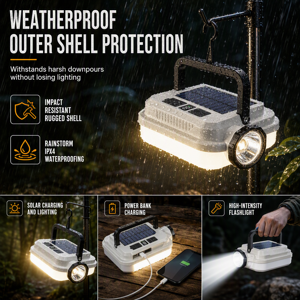 🔋Dual‑Light Solar Camping Lantern‑Multi‑Function Portable Solar Work Light with Power Bank, Hanging Emergency Lamp for Camping Hiking Power‑Outage💡