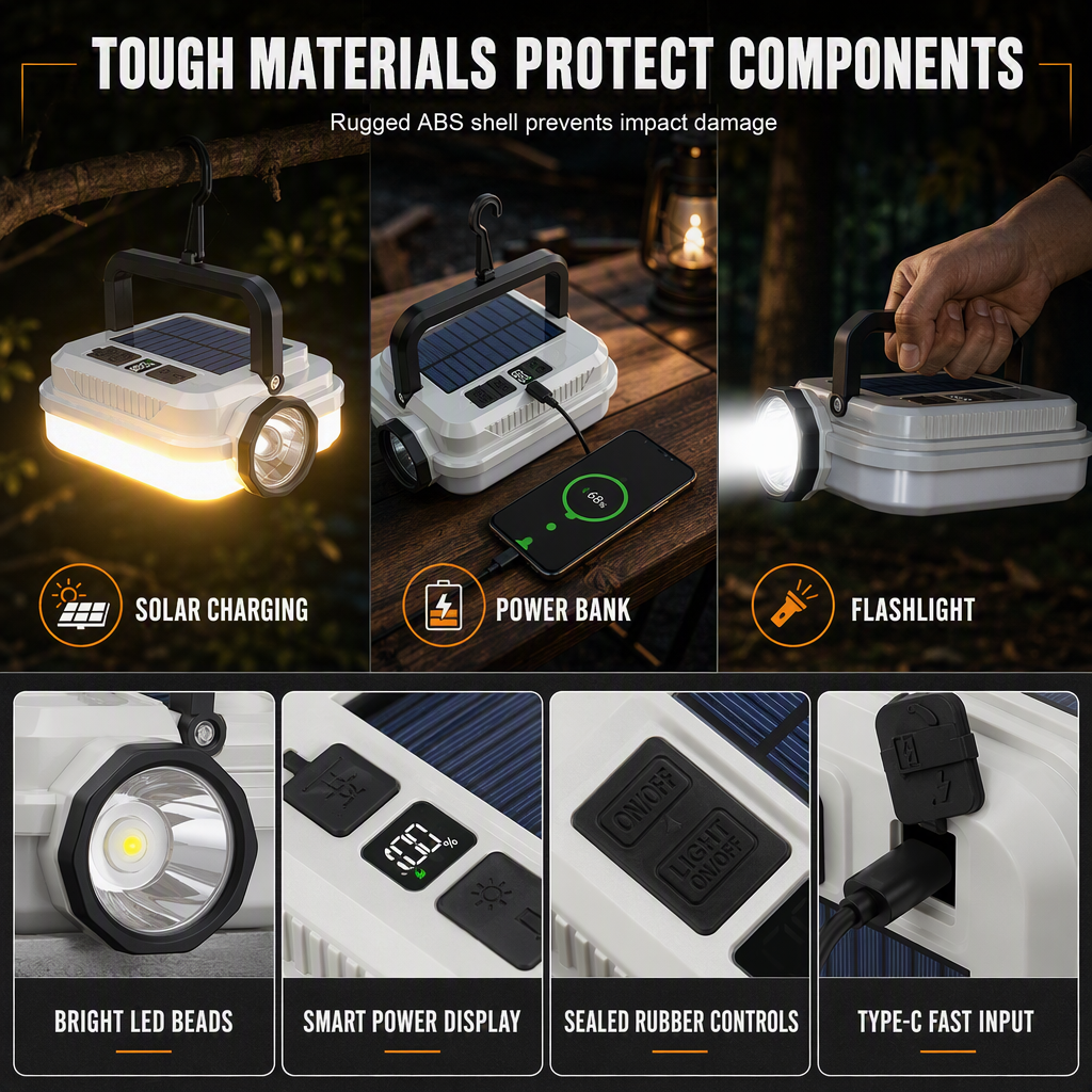 🔋Dual‑Light Solar Camping Lantern‑Multi‑Function Portable Solar Work Light with Power Bank, Hanging Emergency Lamp for Camping Hiking Power‑Outage💡