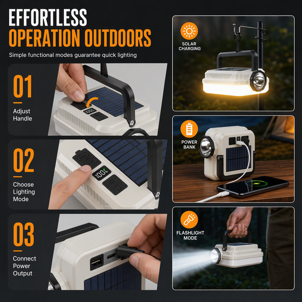 🔋Dual‑Light Solar Camping Lantern‑Multi‑Function Portable Solar Work Light with Power Bank, Hanging Emergency Lamp for Camping Hiking Power‑Outage💡