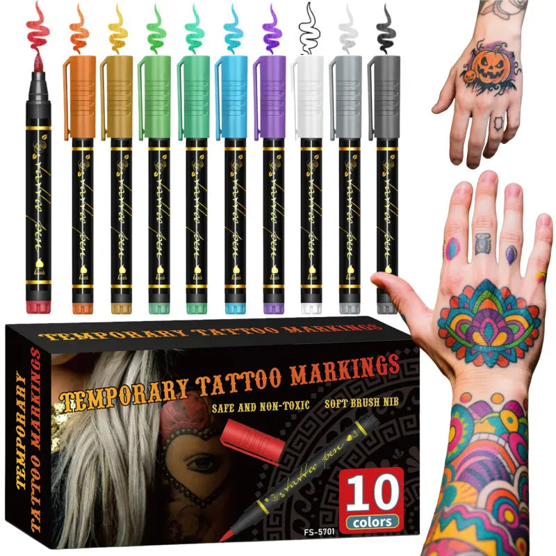 Cosmetic Grade Temporary Tattoo Markers for Skin, 10/15/30 Vibrant Colors Flexible Brush Tip Pens, 30 Colors+12 Stencils, High Detail, Face Makeup Halloween, None Toxic, Office Stationery Writing Tool