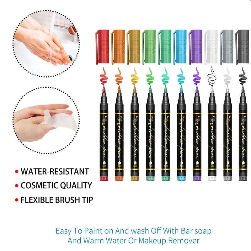 Cosmetic Grade Temporary Tattoo Markers for Skin, 10/15/30 Vibrant Colors Flexible Brush Tip Pens, 30 Colors+12 Stencils, High Detail, Face Makeup Halloween, None Toxic, Office Stationery Writing Tool