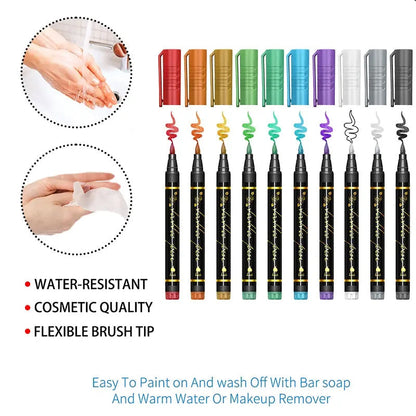 Cosmetic Grade Temporary Tattoo Markers for Skin, 10/15/30 Vibrant Colors Flexible Brush Tip Pens, 30 Colors+12 Stencils, High Detail, Face Makeup Halloween, None Toxic, Office Stationery Writing Tool