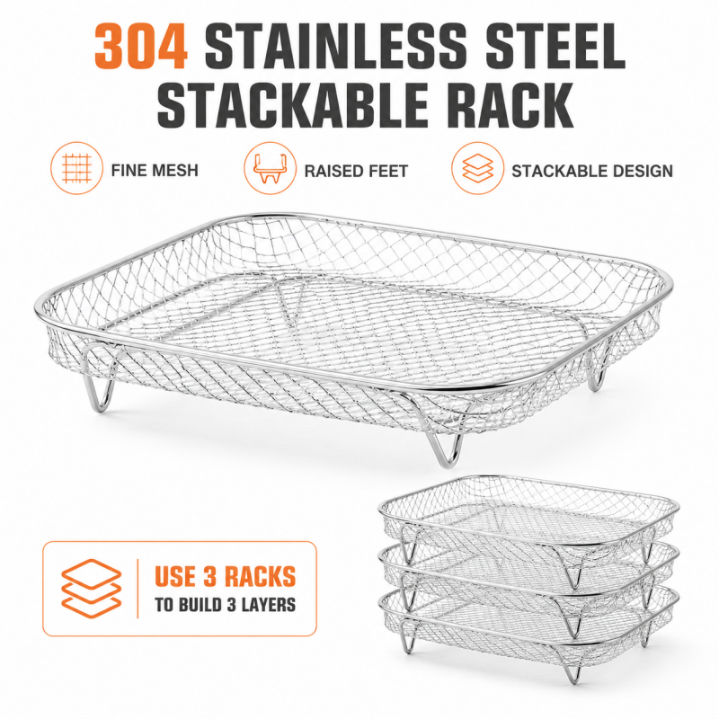 3-Layer 304 Stainless Steel Air Fryer Rack, Stackable Grill Basket and Toast Rack for Chicken Wings and Toast, Cooking Rack for Indoor Kitchen Grill Accessories, Grilling Accessories