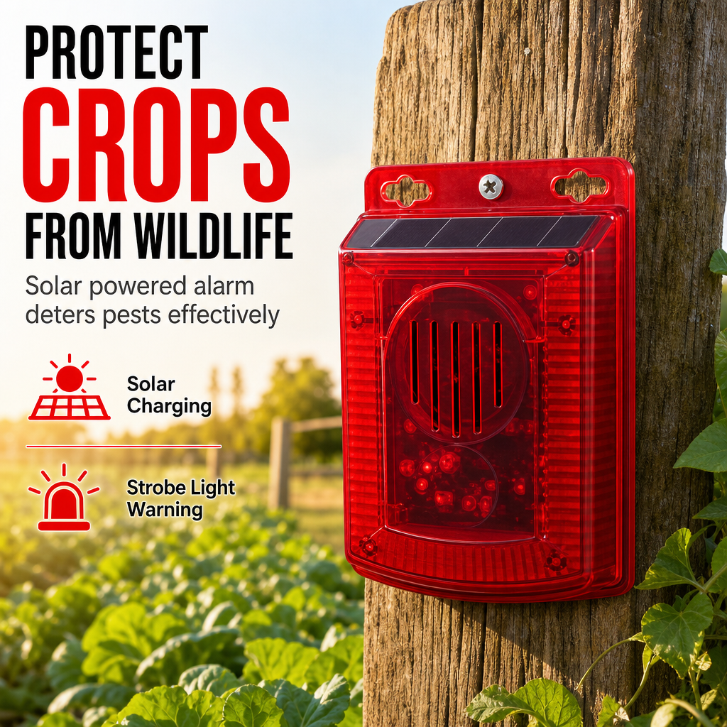 🚨🔥 Solar Outdoor Wildlife Alarm – Sound & Flash Deterrent for Gardens & Crops
