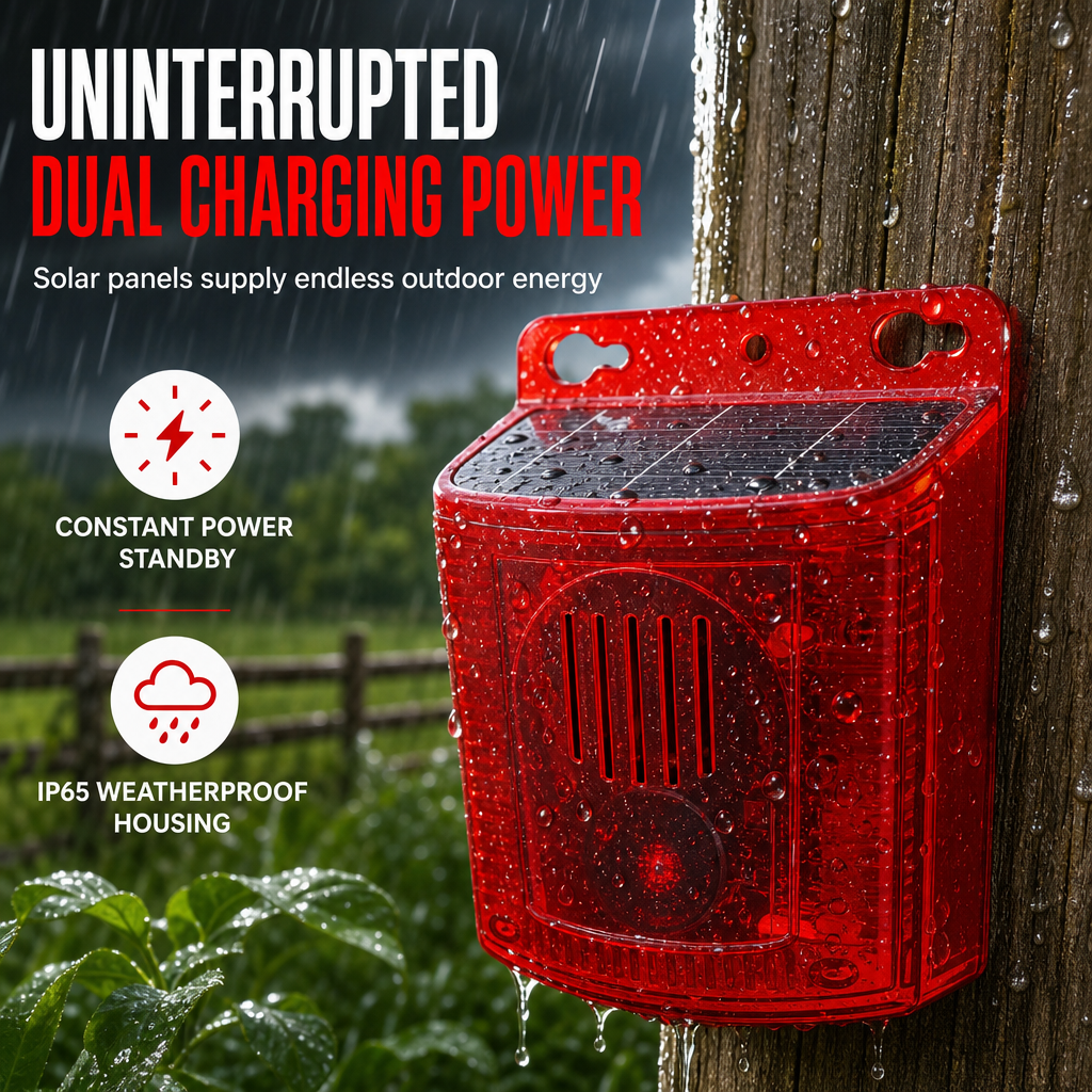 🚨🔥 Solar Outdoor Wildlife Alarm – Sound & Flash Deterrent for Gardens & Crops