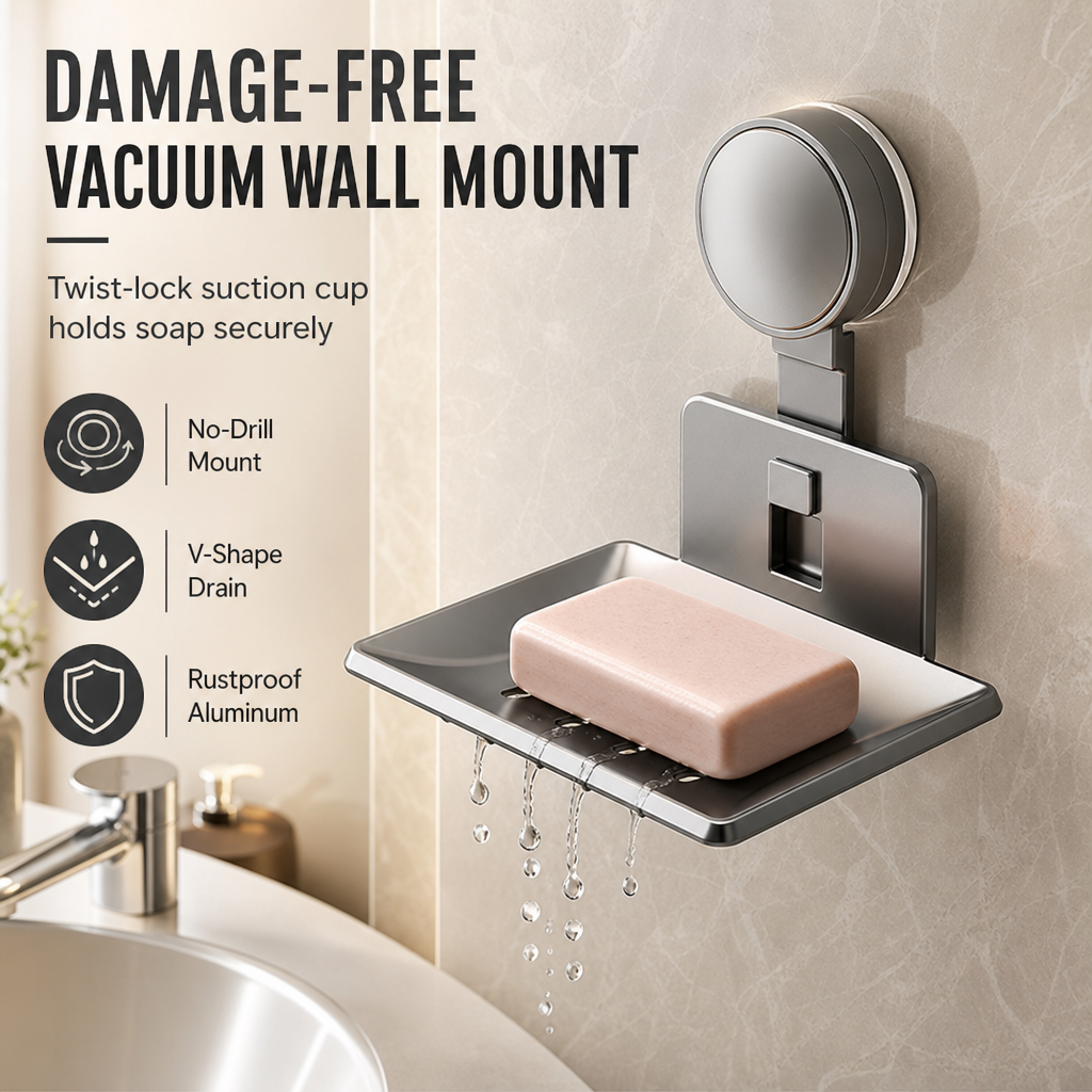📢📢50% OFF !! ⏰Vacuum Suction Soap Dish: V-Shaped Drainage, Rustproof Aluminum, No Drilling, Twist-Lock🧼