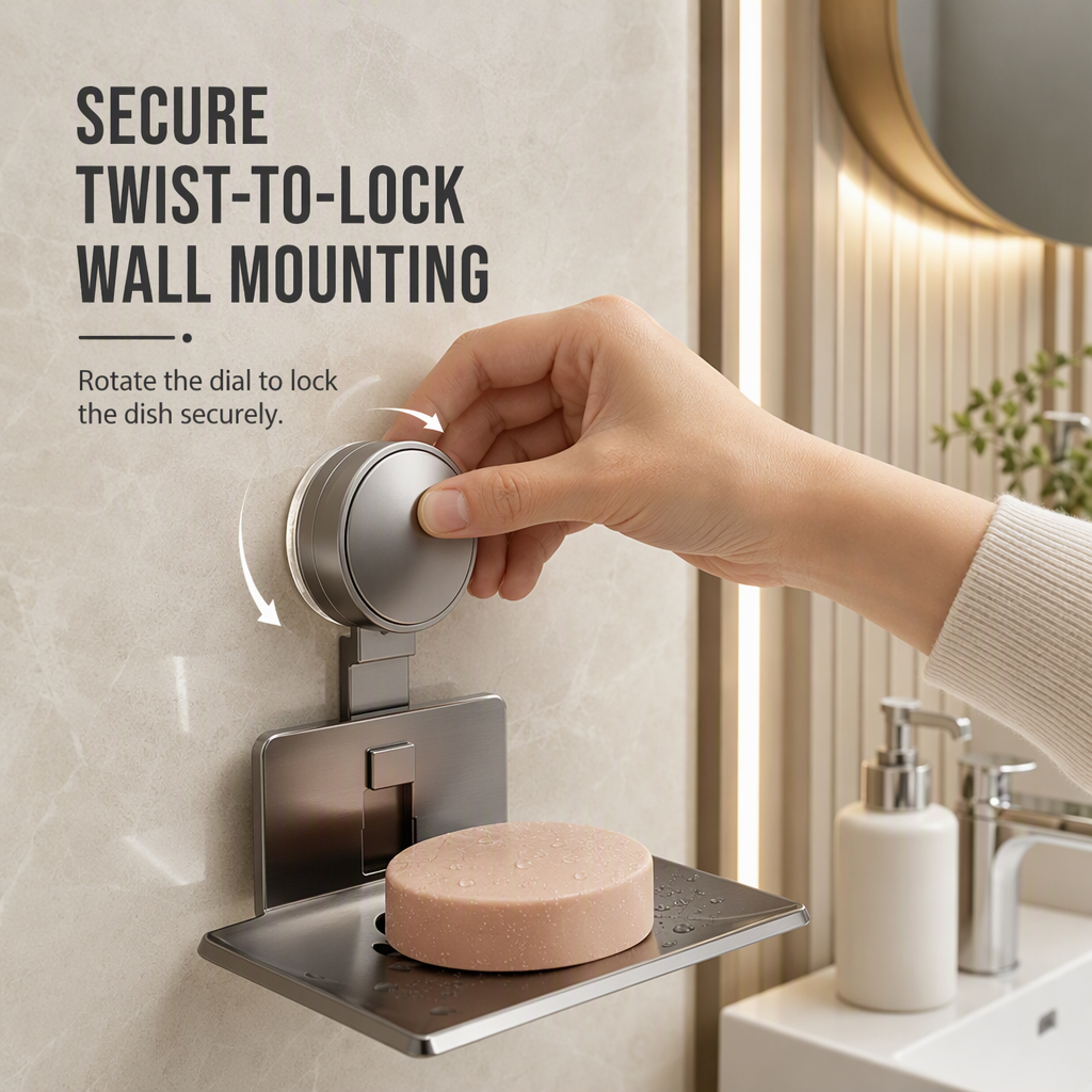 📢📢50% OFF !! ⏰Vacuum Suction Soap Dish: V-Shaped Drainage, Rustproof Aluminum, No Drilling, Twist-Lock🧼