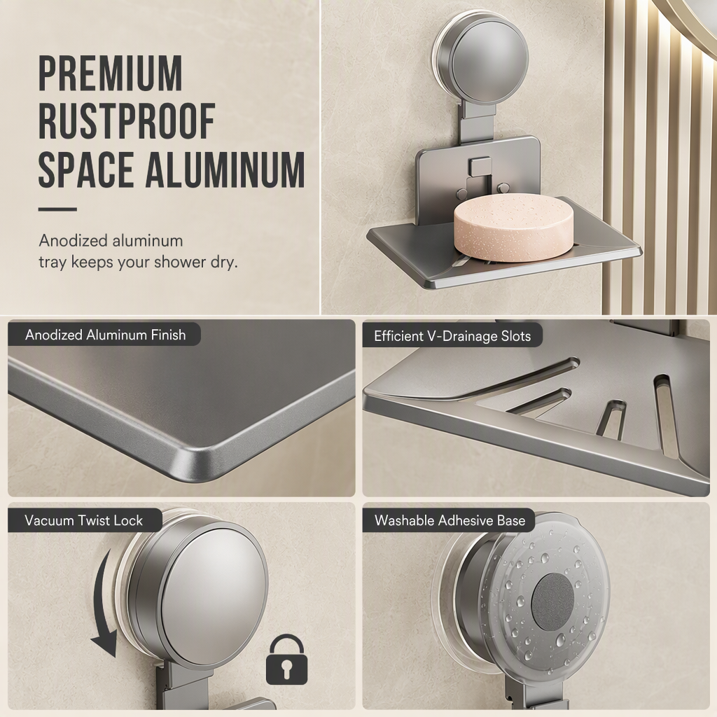 📢📢50% OFF !! ⏰Vacuum Suction Soap Dish: V-Shaped Drainage, Rustproof Aluminum, No Drilling, Twist-Lock🧼