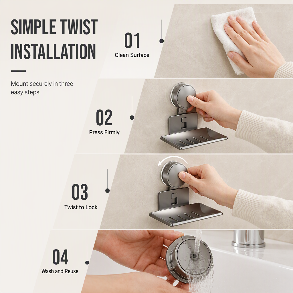📢📢50% OFF !! ⏰Vacuum Suction Soap Dish: V-Shaped Drainage, Rustproof Aluminum, No Drilling, Twist-Lock🧼