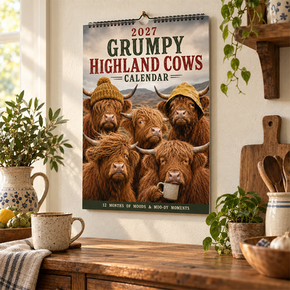 2027 Grumpy Highland Cows A4 Wall Calendar