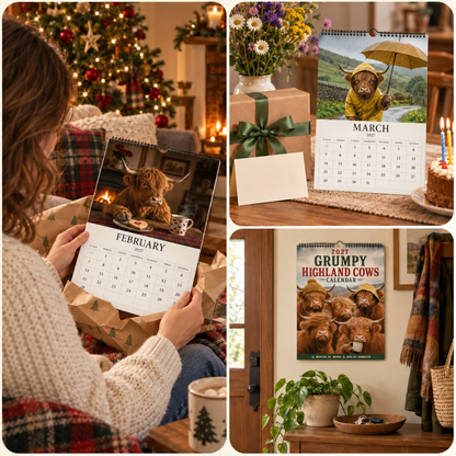 2027 Grumpy Highland Cows A4 Wall Calendar