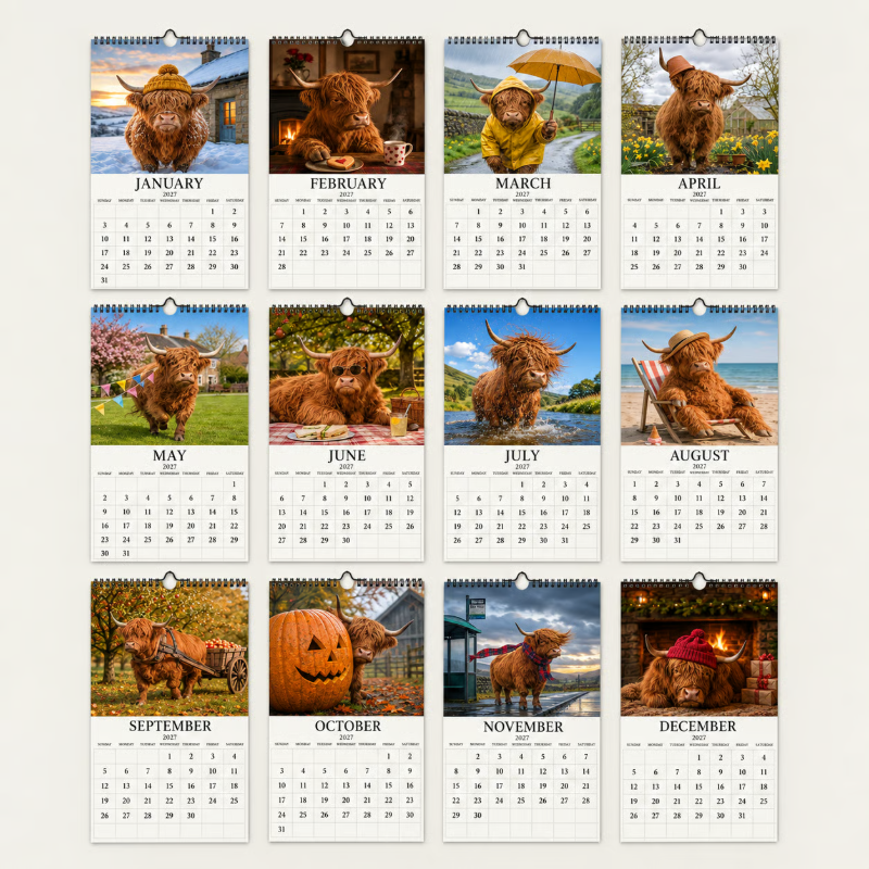 2027 Grumpy Highland Cows A4 Wall Calendar