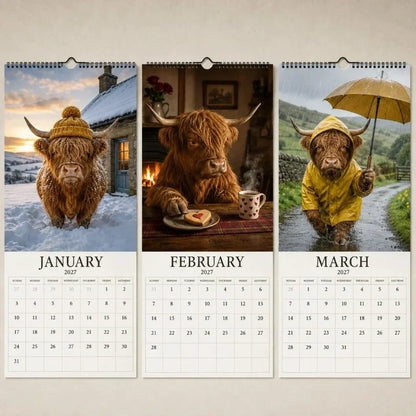 2027 Grumpy Highland Cows A4 Wall Calendar