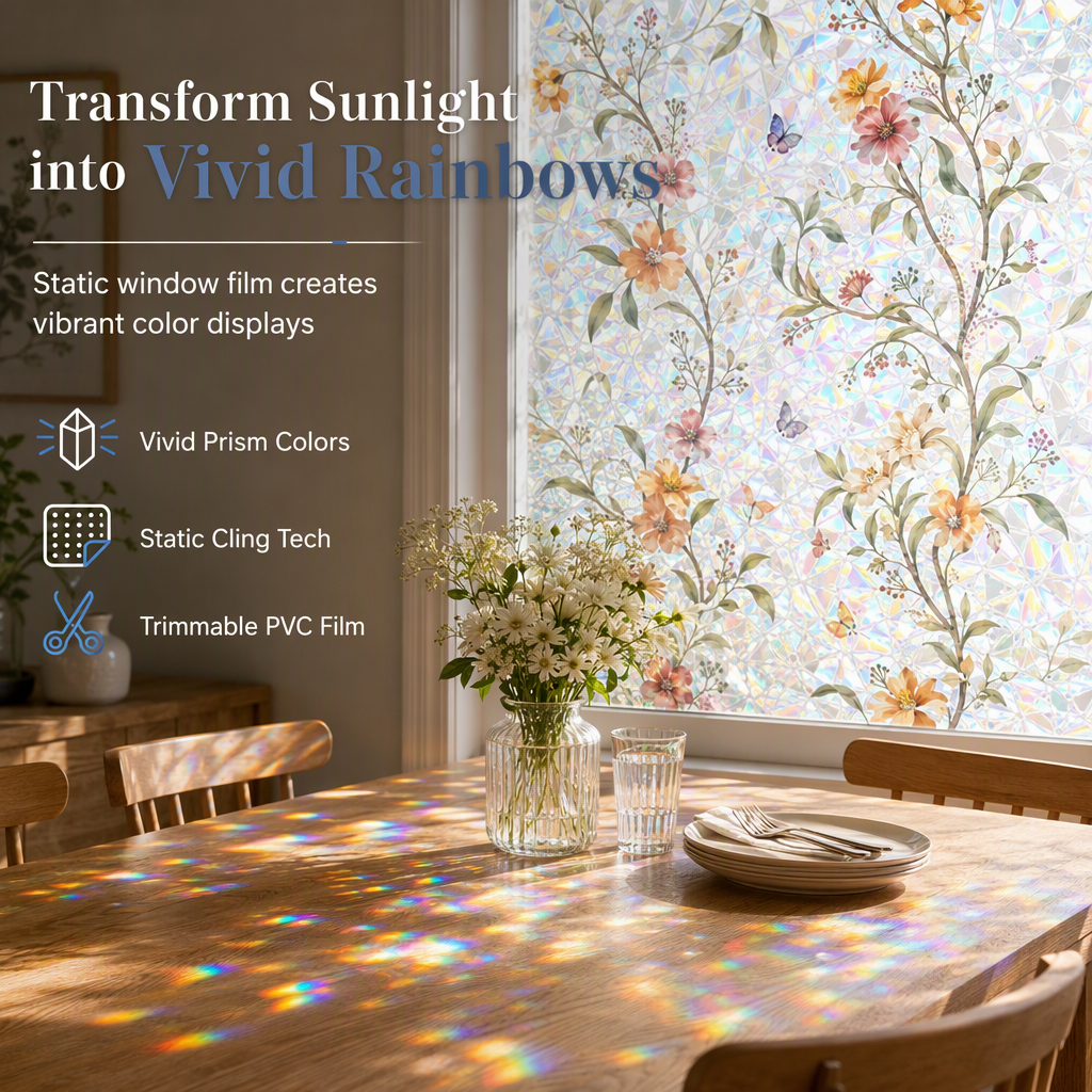 🌈 LIMITED‑TIME 50% OFF! ✨ 3D Rainbow Window Film – Static Cling Privacy Glass Sticker, Glue‑Free DIY Sun Catcher & UV Filter 🪟