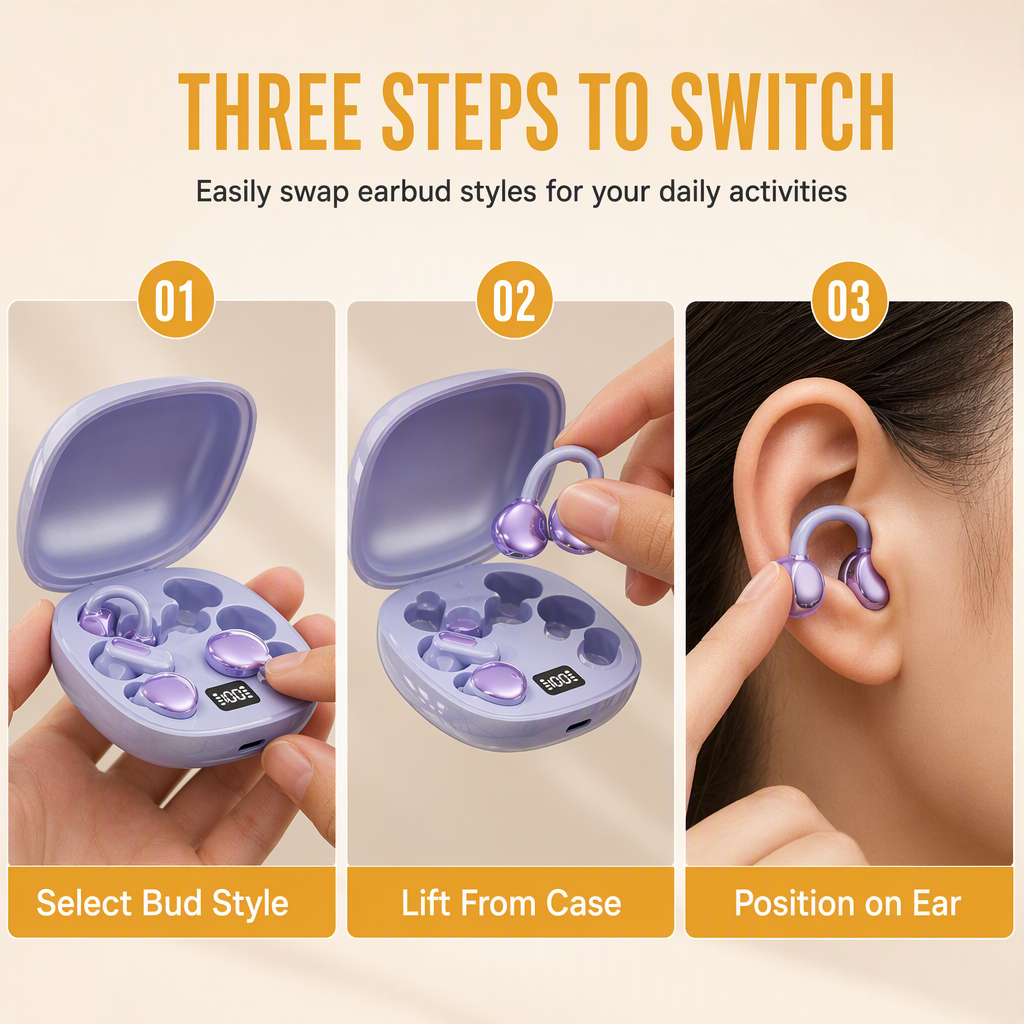 🏆 Hot Sale - 50% OFF 🎧B115 3-in-1 Bluetooth Earphones – 6 Earbuds, Ear Clip & In-Ear, Noise Cancelling