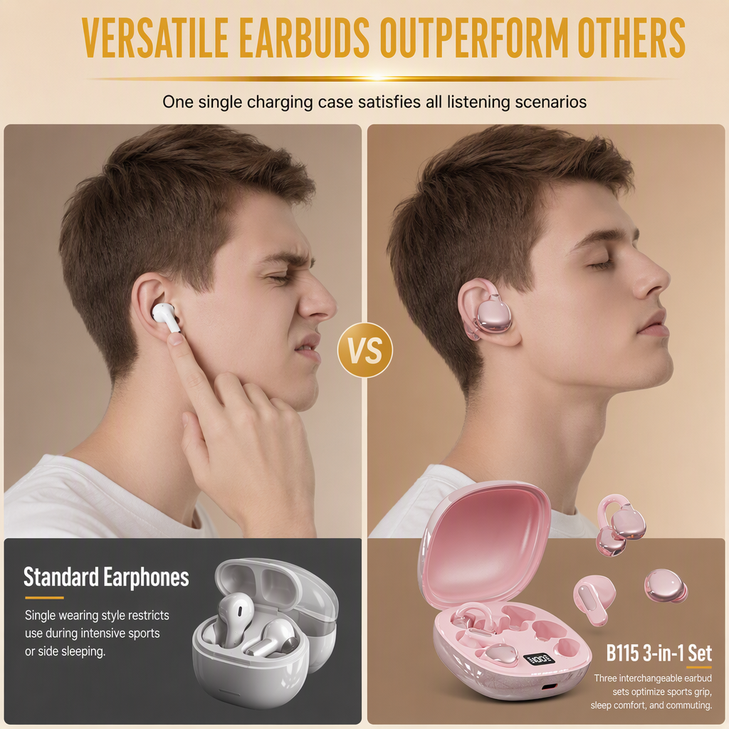 🏆 Hot Sale - 50% OFF 🎧B115 3-in-1 Bluetooth Earphones – 6 Earbuds, Ear Clip & In-Ear, Noise Cancelling