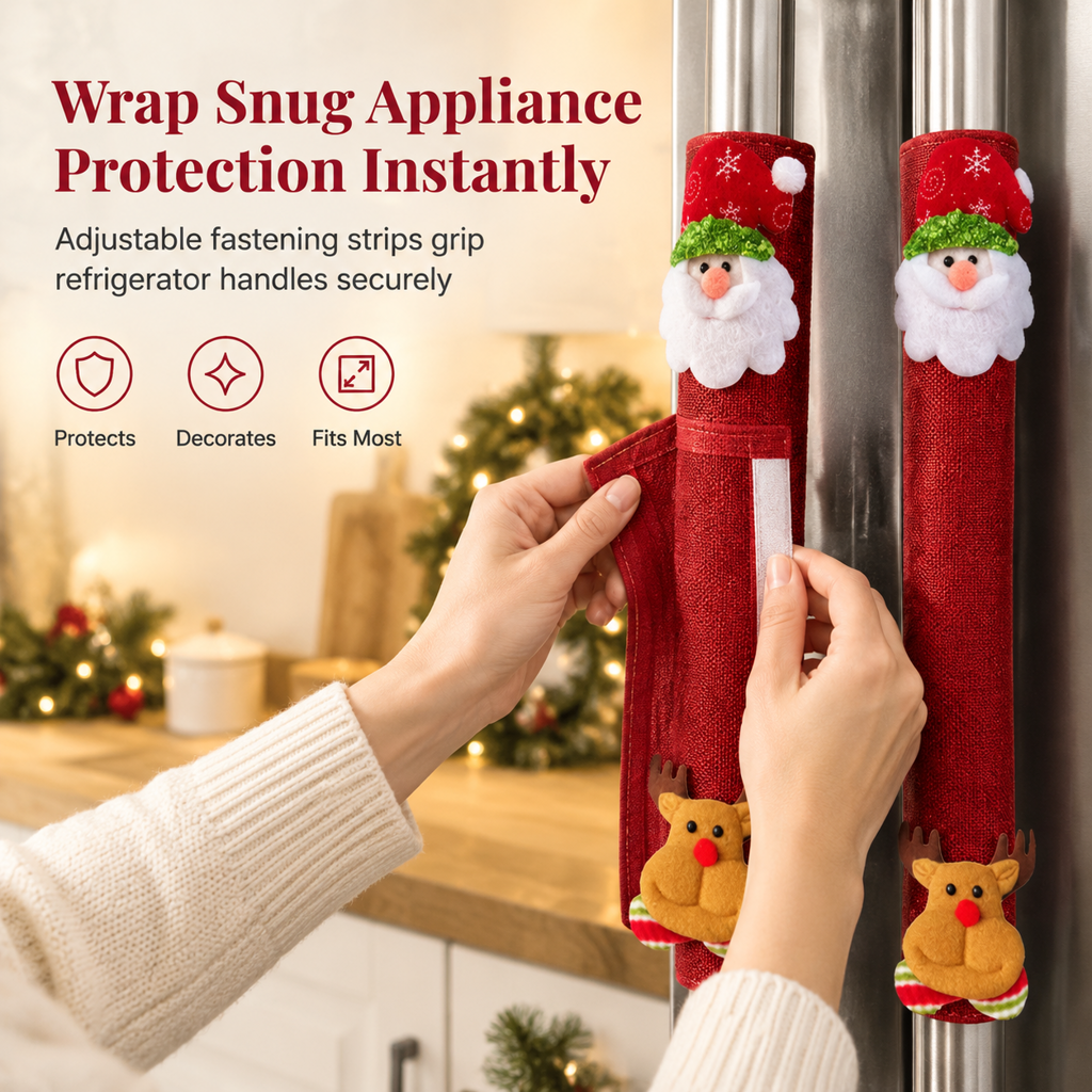 🎅Christmas Burlap Refrigerator Door Handle Covers Holiday Kitchen Appliance Protectors for Microwave and Fridge