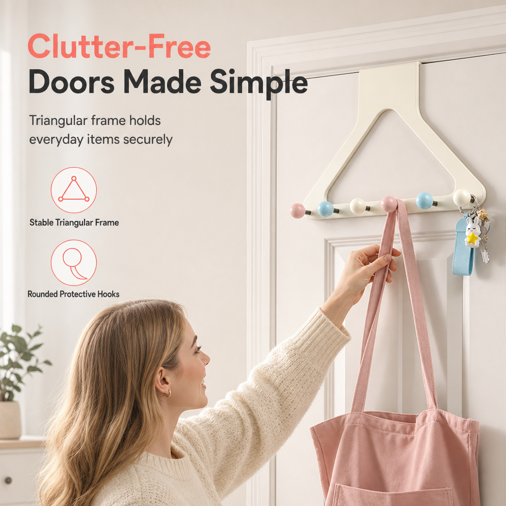 Cream Over the Door Hook Organizer Rack Heightened and Reinforced Punch Free Heavy Duty Coat Hat and Bag Hanging Rack for Bedroom
