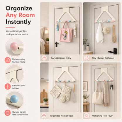 Cream Over the Door Hook Organizer Rack Heightened and Reinforced Punch Free Heavy Duty Coat Hat and Bag Hanging Rack for Bedroom