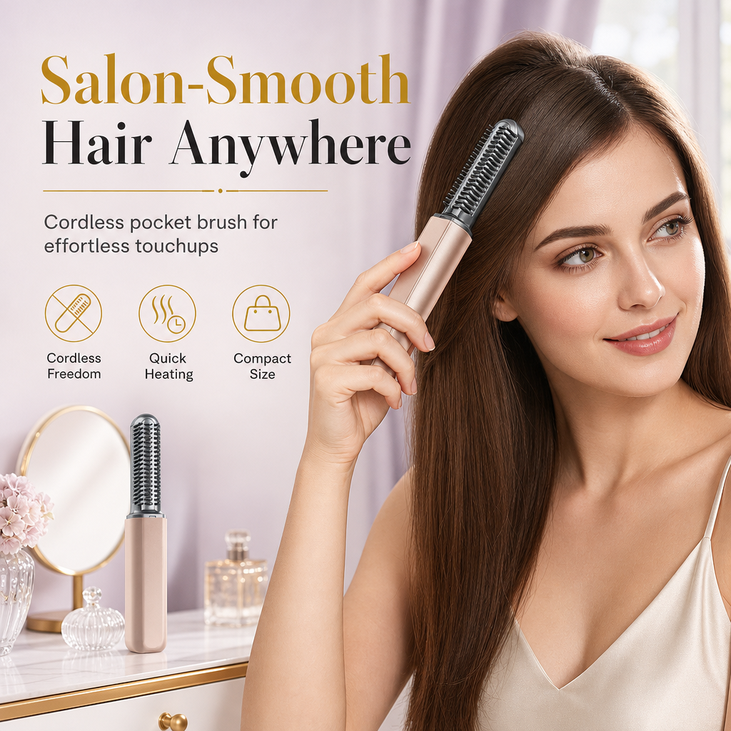 Portable Cordless Mini Hair Straightener Brush USB Rechargeable Electric Heated Styling Comb for Bangs and Curling