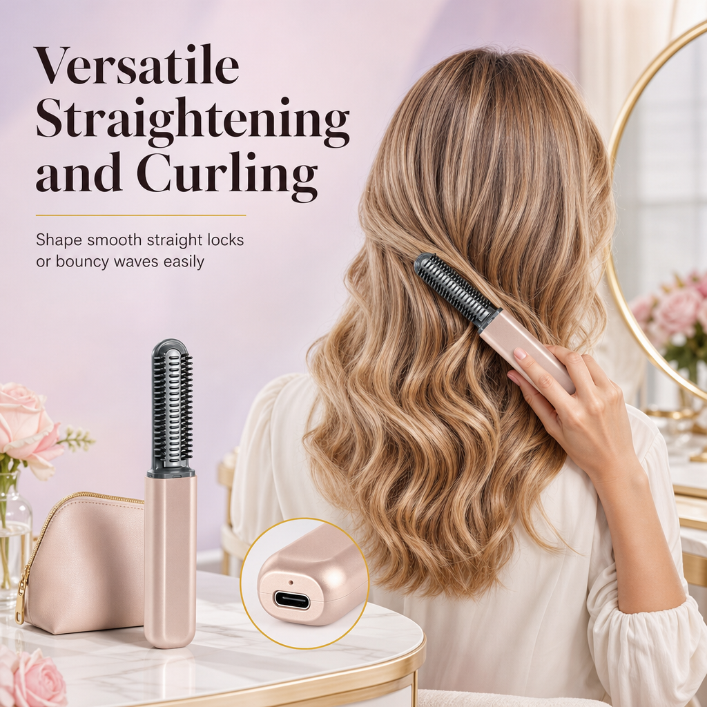 Portable Cordless Mini Hair Straightener Brush USB Rechargeable Electric Heated Styling Comb for Bangs and Curling