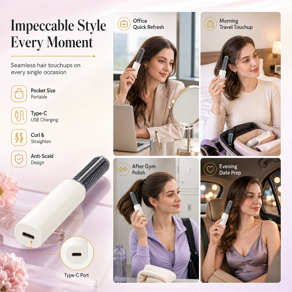 Portable Cordless Mini Hair Straightener Brush USB Rechargeable Electric Heated Styling Comb for Bangs and Curling