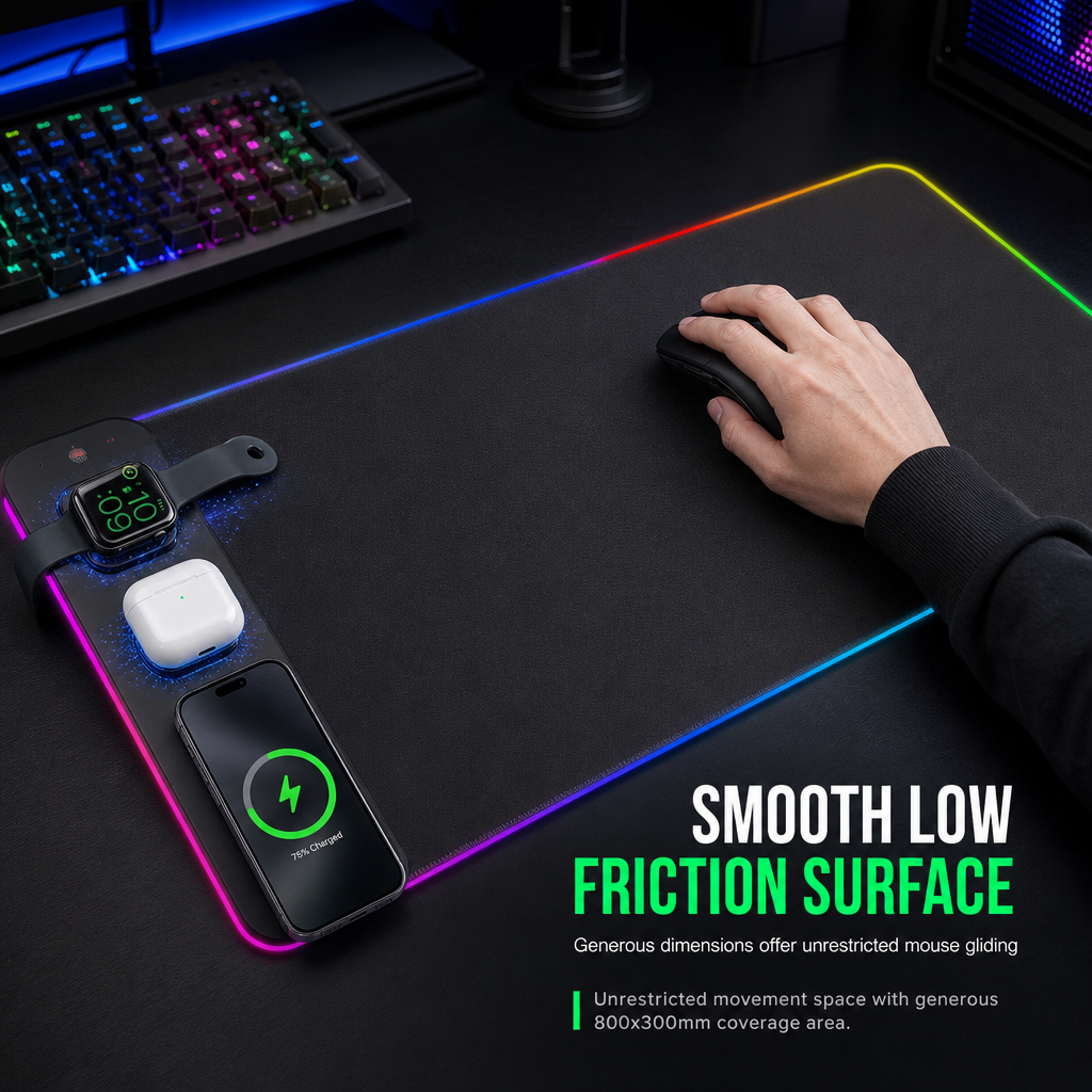 Large RGB Gaming Mouse Pad with 3 in 1 Wireless Dirt Resistant Keyboard Desk Mat 800x300x4mm