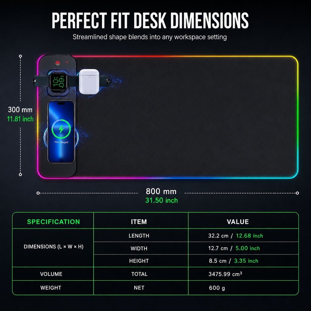 Large RGB Gaming Mouse Pad with 3 in 1 Wireless Dirt Resistant Keyboard Desk Mat 800x300x4mm